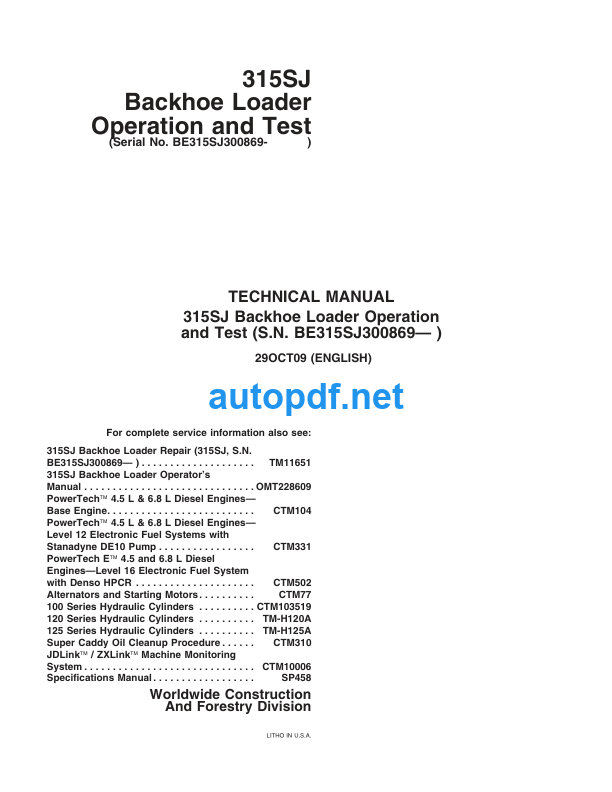 315SJ Backhoe Loader Operation and Test Technical Manual