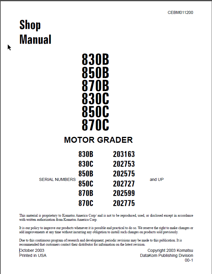 830B 850B 870B 830C 850C 870C Shop Manual