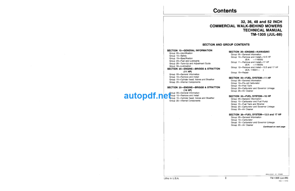 32 36 48 and 52-lnch Commercial Walk-Behind Mowers Technical Manual (TM1305)