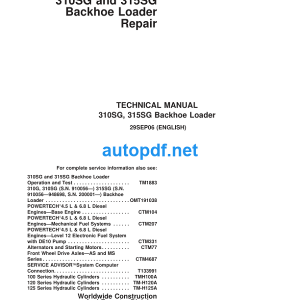 310SG, 315SG Backhoe Loader Repair Technical Manual