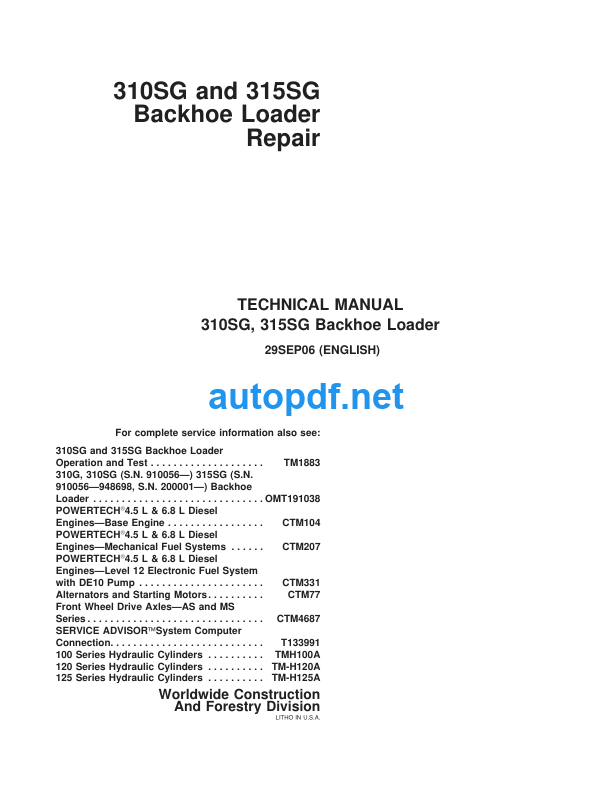 310SG, 315SG Backhoe Loader Repair Technical Manual