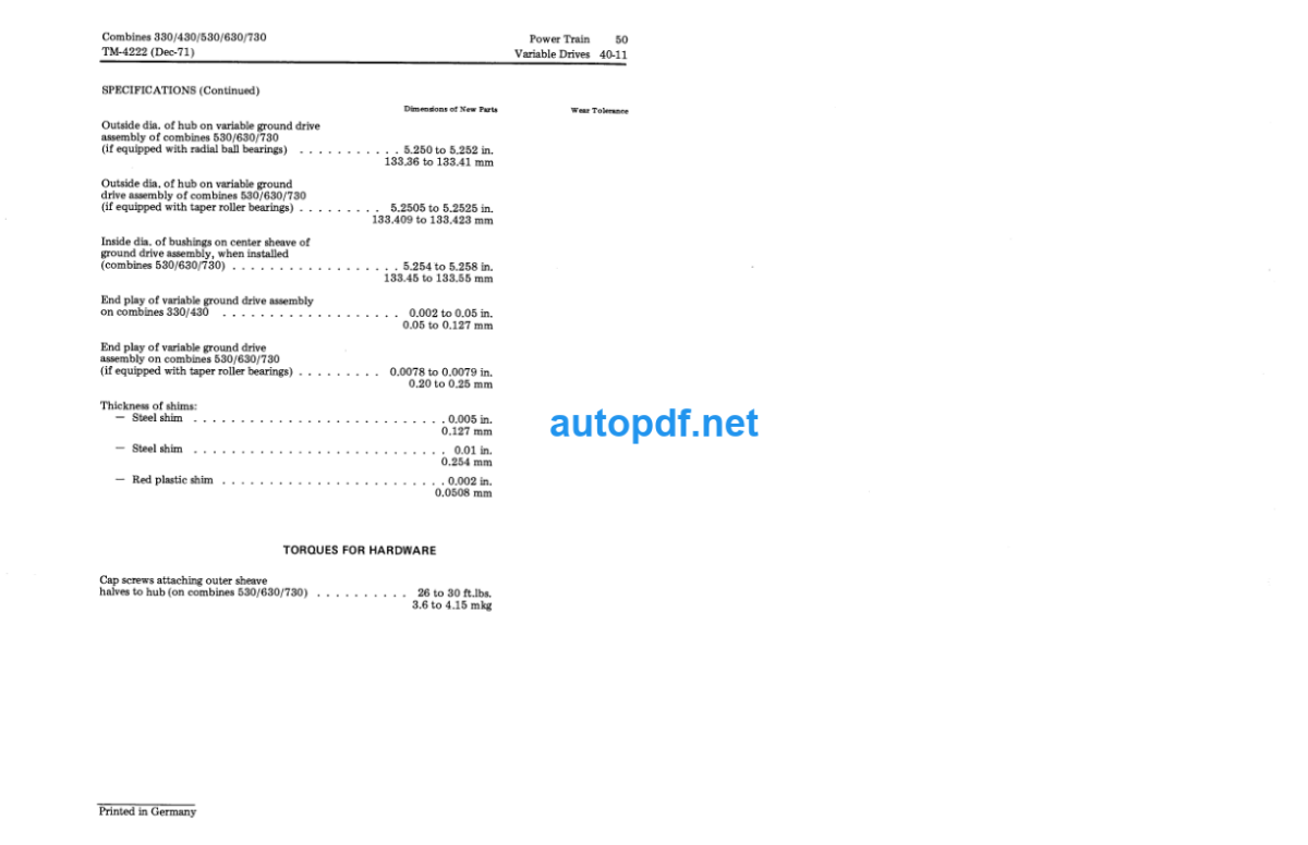 360, 330, 430, 530, 630, 730 Combines Technical Manual (TM4222)