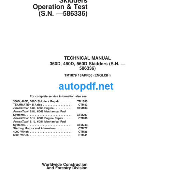 360D, 460D, 560D Skidder Operation and Test Technical Manual