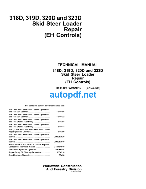 318D 319D 320D and 323D Skid Steer Loader Repair (EH Controls) Technical Manual