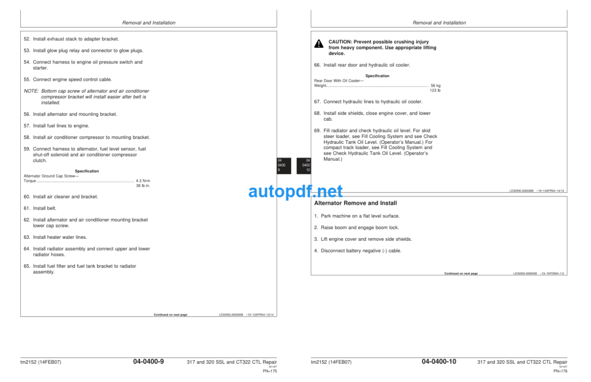 317 and 320 Skid Steer Loader CT322 Compact Track Loader Repair Technical Manual (tm2152 14FEB07)