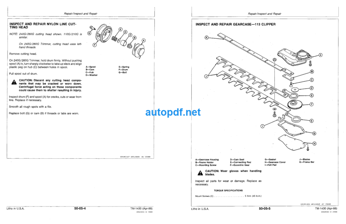 5E Blower 113 Hedge Clipper 110G 210G 240G and 260G Trimmer Cutters Technical Manual (TM1430)