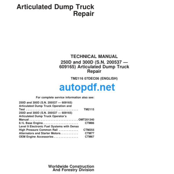 250D and 300D Articulated Dump Truck Repair Technical Manual