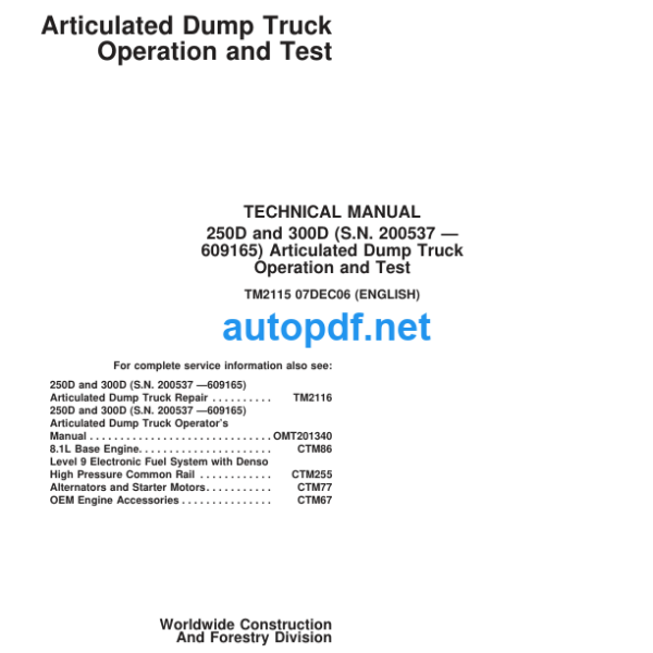 250D and 300D (SN 200537-609165) Articulated Dump Truck Operation and Test Technical Manual