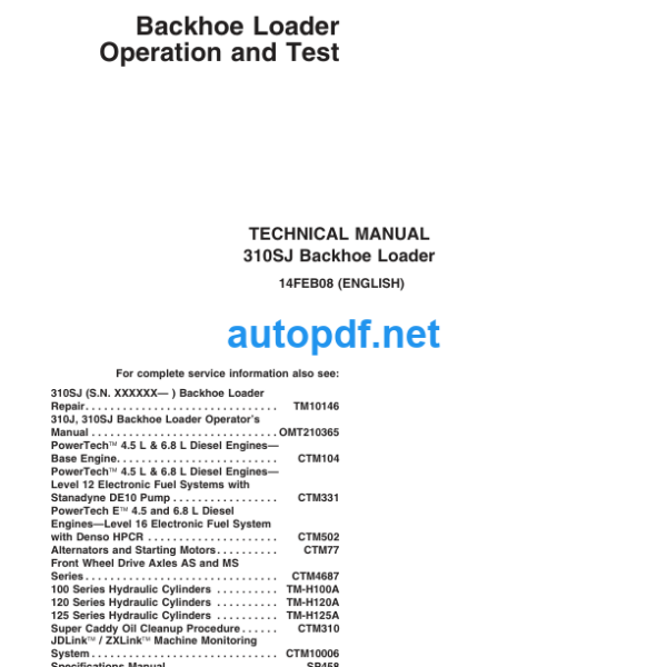 310SJ Backhoe Loader Operation and Test Technical Manual (TM10848)