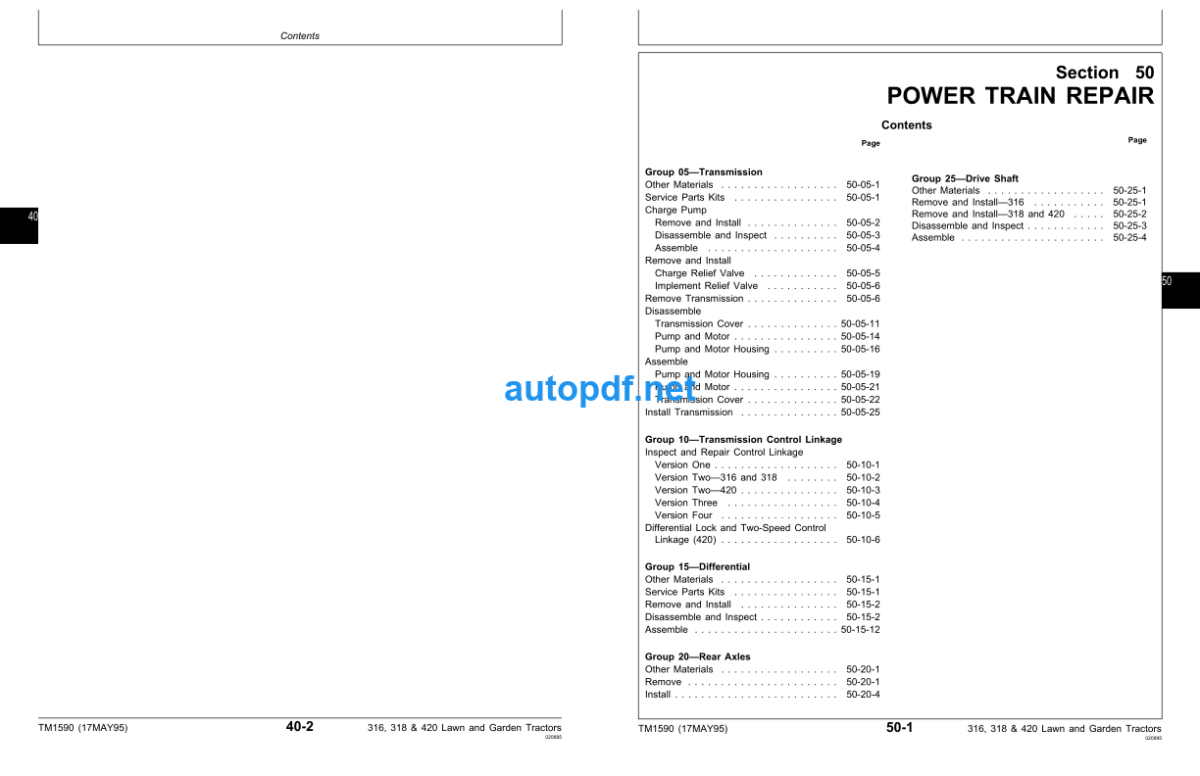 316 318 and 420 Lawn and Garden Tractors Technical Manual (TM1590)