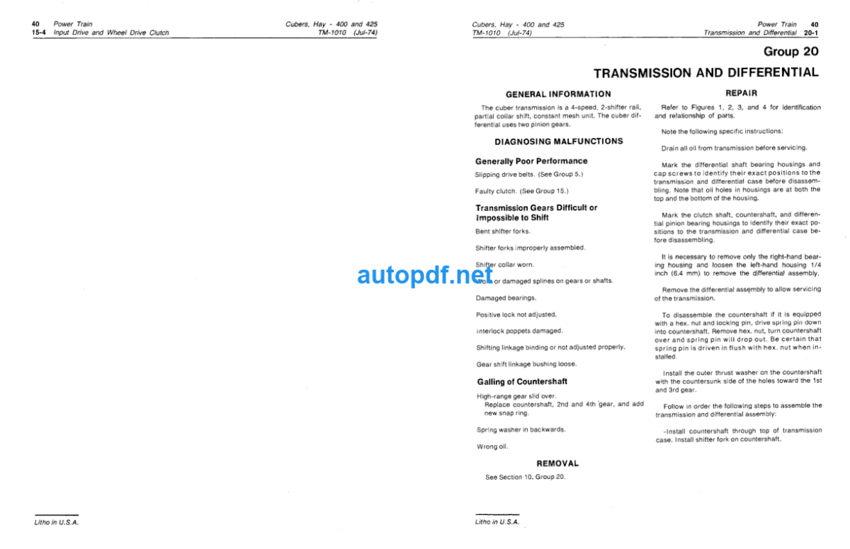 400 and 425 Hay Cubers Technical Manual (TM1010)