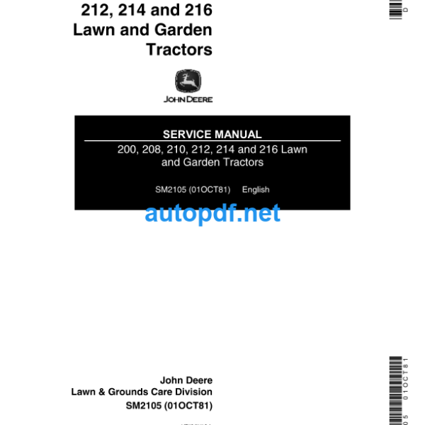 200, 208, 210, 212, 214 and 216 Lawn and Garden Tractors Service Manual (SM2105)