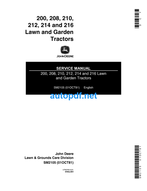 200, 208, 210, 212, 214 and 216 Lawn and Garden Tractors Service Manual (SM2105)