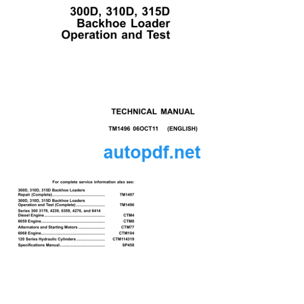 300D 310D 315D Backhoe Loader Operation and Test Technical Manual (TM1496)