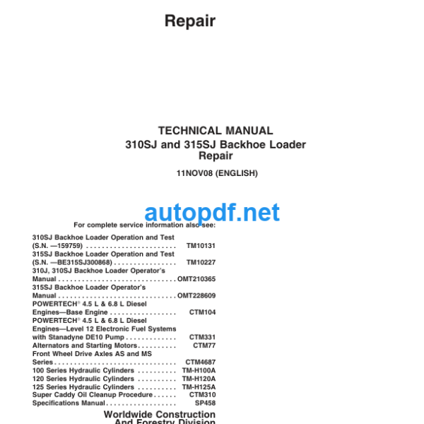 310SJ and 315SJ Backhoe Loader Repair Technical Manual