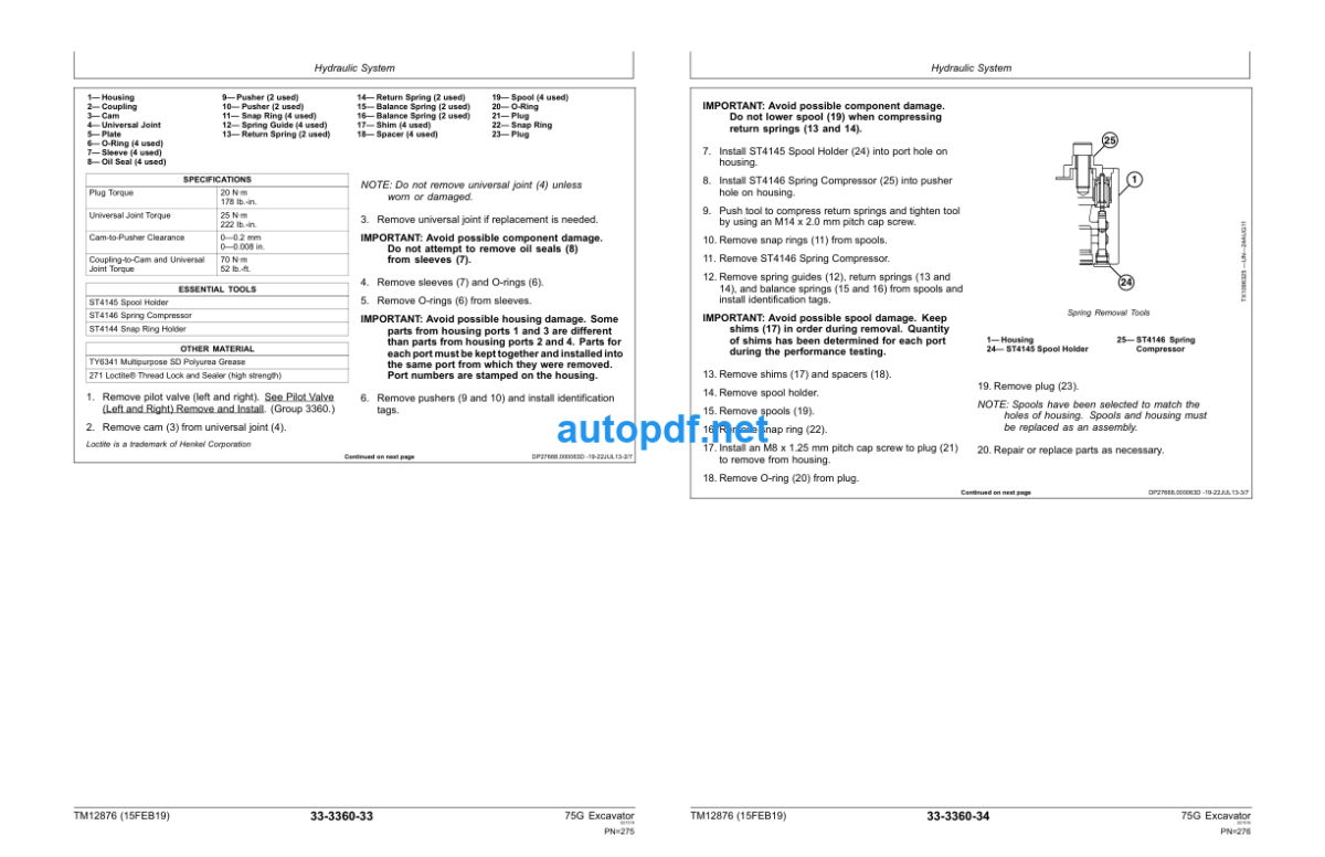 75G Excavator Repair Technical Manual (TM12876)