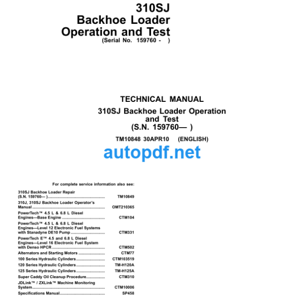 310SJ Backhoe Loader Operation and Test Technical Manual