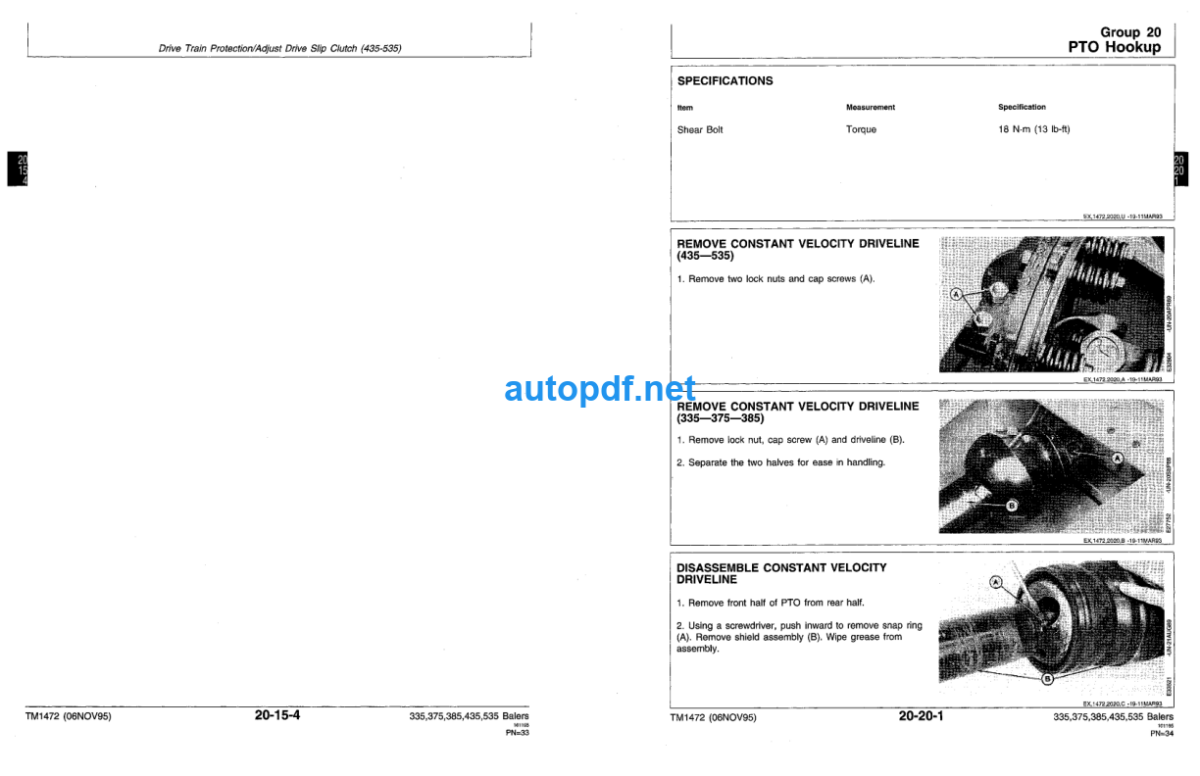 335 375 385 435 and 535 Round Balers Technical Manual (TM1472)