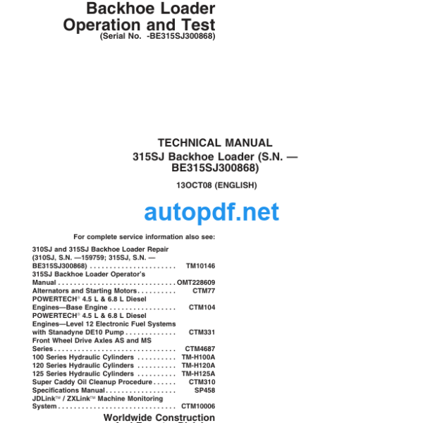 315SJ Backhoe Loader Operation and Test Technical Manual Serial No-BE315SJ300868