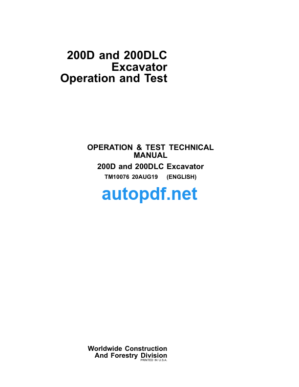 200D and 200DLC Excavator Operation and Test Technical Manual (TM10076)