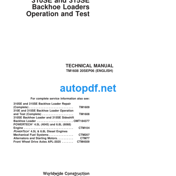 310SE and 315SE Backhoe Loaders Operation and Test Technical Manual