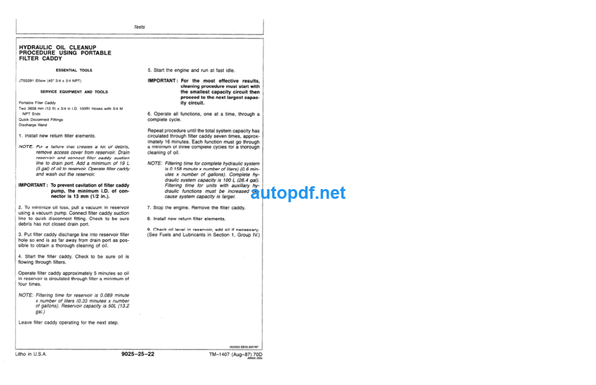 70D Excavator Operation and Test Technical Manual (TM1407)