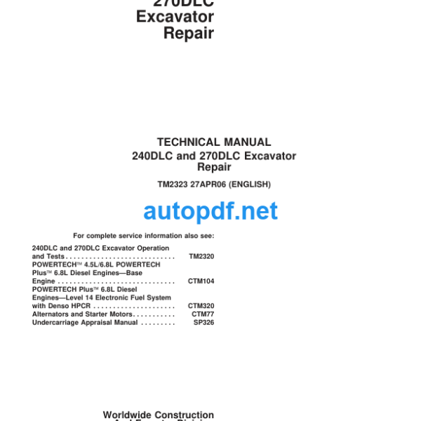 240DLC and 270DLC Excavator Repair Technical Manual