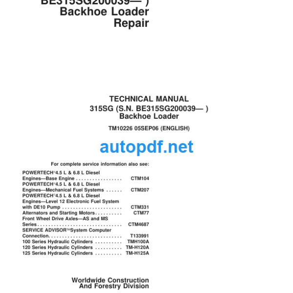 315SG (SN BE315SG200039— ) Backhoe Loader Repair Technical Manual