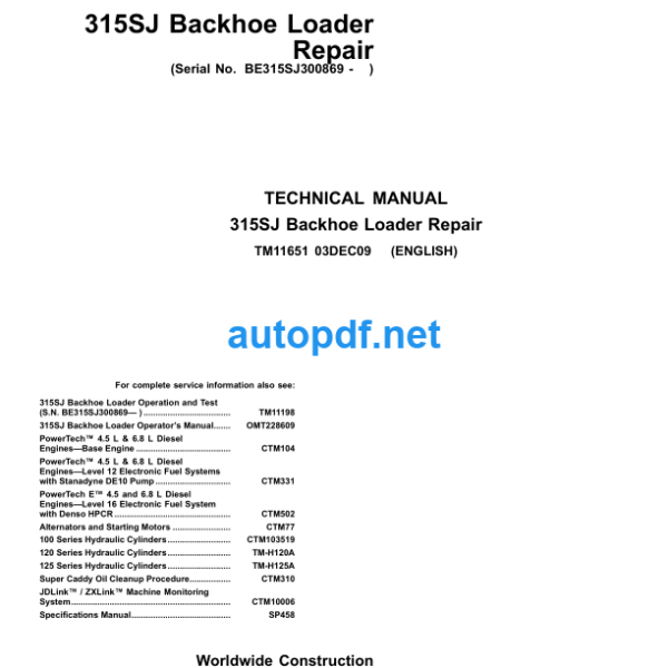 315SJ Backhoe Loader Repair Technical Manual