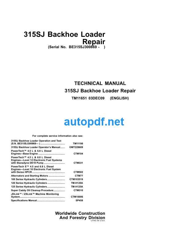 315SJ Backhoe Loader Repair Technical Manual