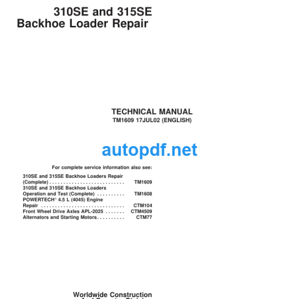 310SE and 315SE Backhoe Loader Repair Technical Manual