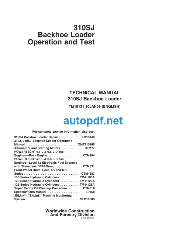 310SJ Backhoe Loader Operation and Test Technical Manual (TM10131U)