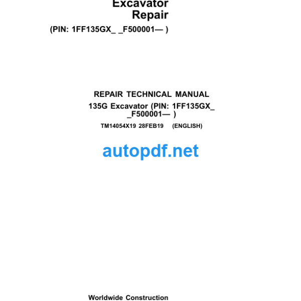 135G Excavator Repair Technical Manual (TM14054X19)