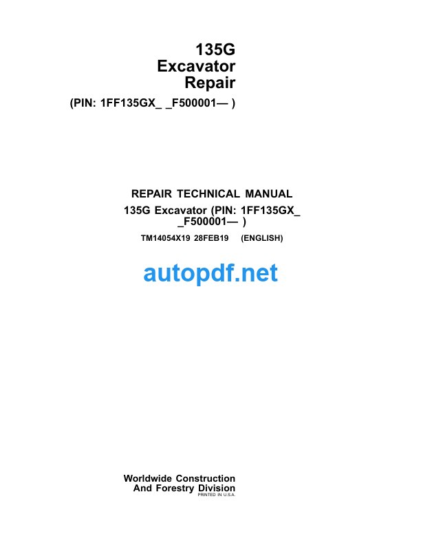 135G Excavator Repair Technical Manual (TM14054X19)