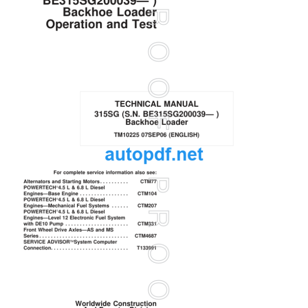 315SG Backhoe Loader Operation and Test Technical Manual