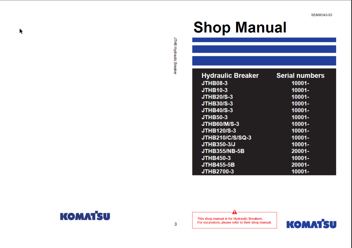 JTHB08-3 JTHBIO-3 JTHB20S-3 JTHB30S-3 JTHB40S-3 JTHB50-3 JTHB60WS-3 JTHB120S-3 JTHB210CSSQ-3 JTHB350-3J JTHB355NB-5B JTHB450-3 JTHB455-5B JTHB2700-3 Shop Manual