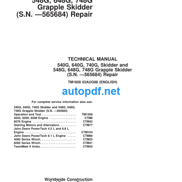 540G, 640G, 740G, 548G, 648G, 748G Skidder Repair Technical Manual