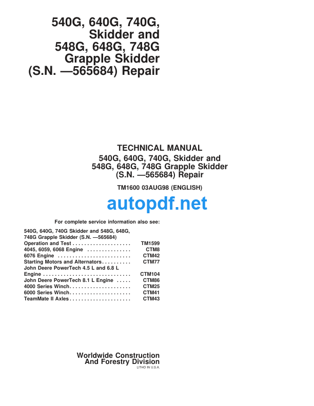 540G, 640G, 740G, 548G, 648G, 748G Skidder Repair Technical Manual