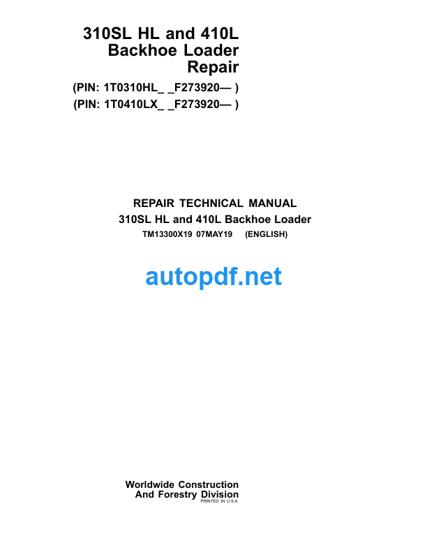 310SL HL and 410L Backhoe Loader Repair Technical Manual (TM13300X19)