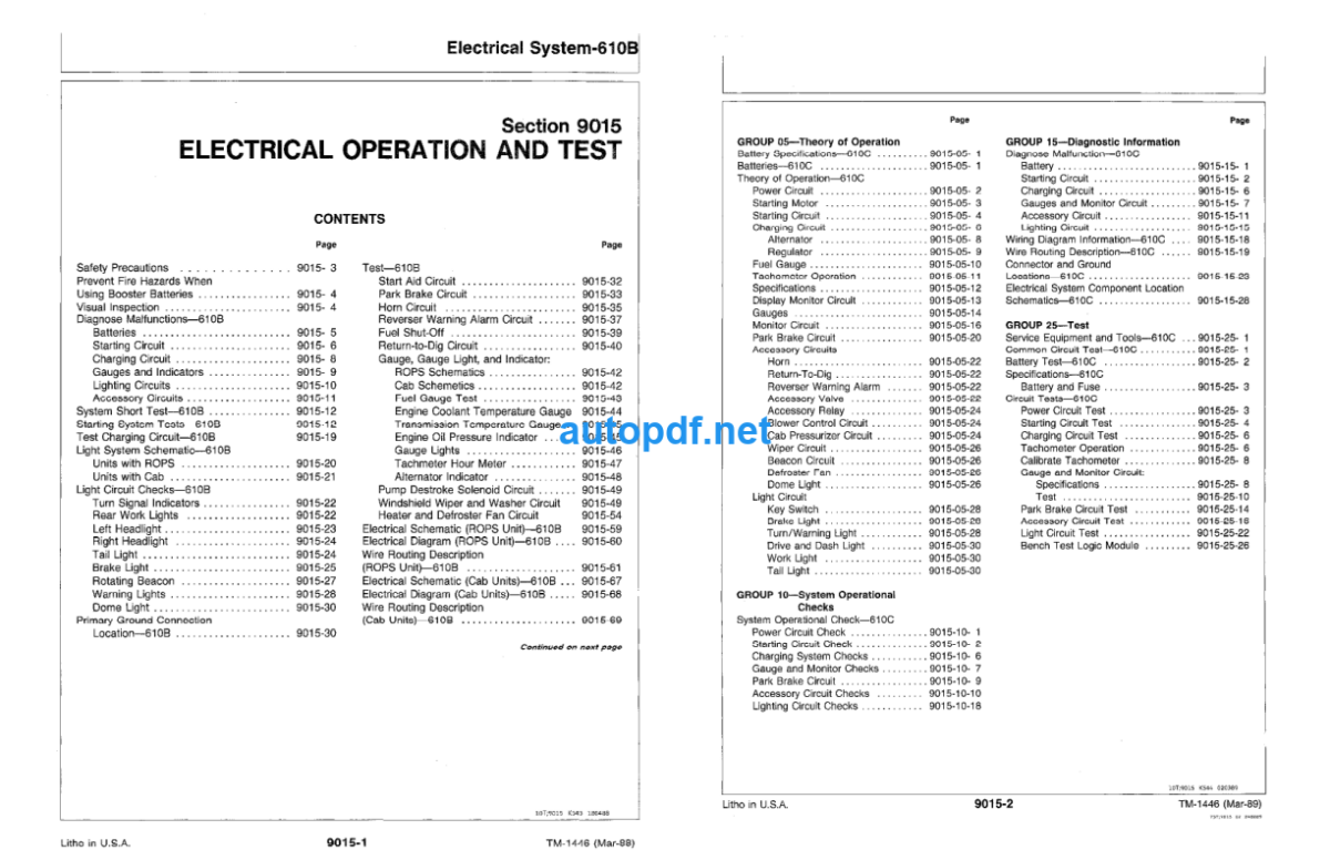 610B and 610C Backhoe Loaders Operation and Test Technical Manual (TM1446)