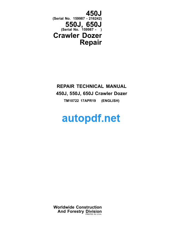 450J 550J 650J Crawler Dozer Repair Technical Manual (TM10722)