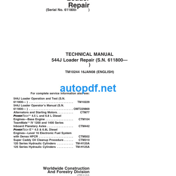 544J Loader Repair (S.N. 611800) Technical Manual