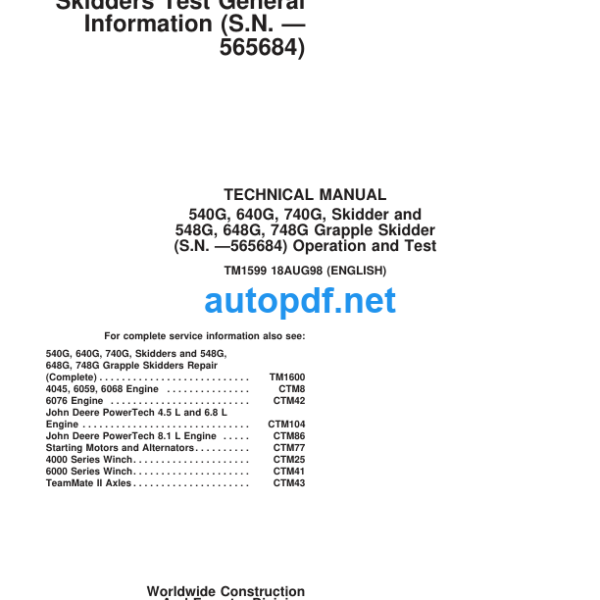 540G, 640G, 740G, Skidder and 548G, 648G, 748G Grapple Skidder Operation and Test Technical Manual