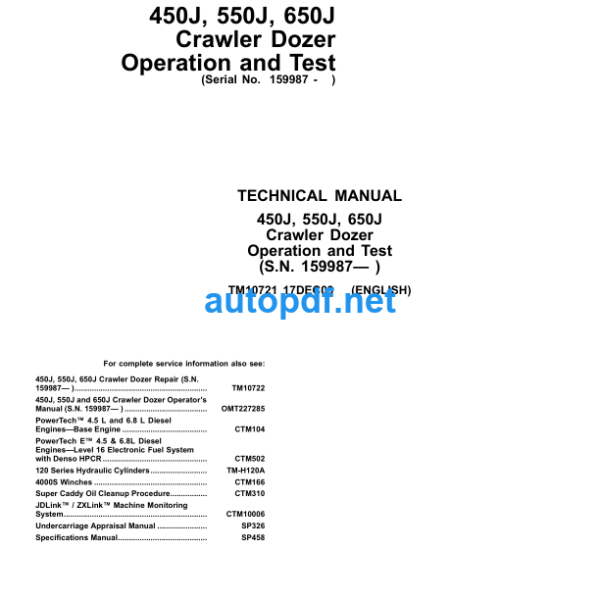 450J, 550J, 650J Crawler Dozer Operation and Test Technical Manual (S.N. 159987— )