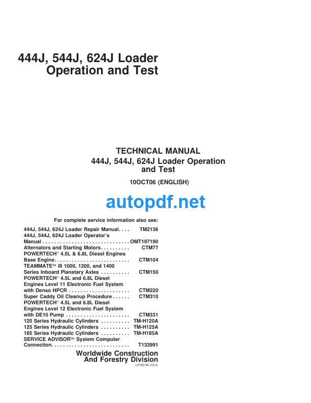 444J, 544J, 624J Loader Operation and Test Technical Manual