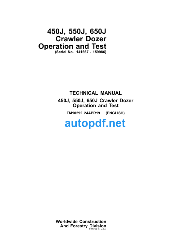 450J 550J 650J Crawler Dozer Operation and Test Technical Manual (TM10292)