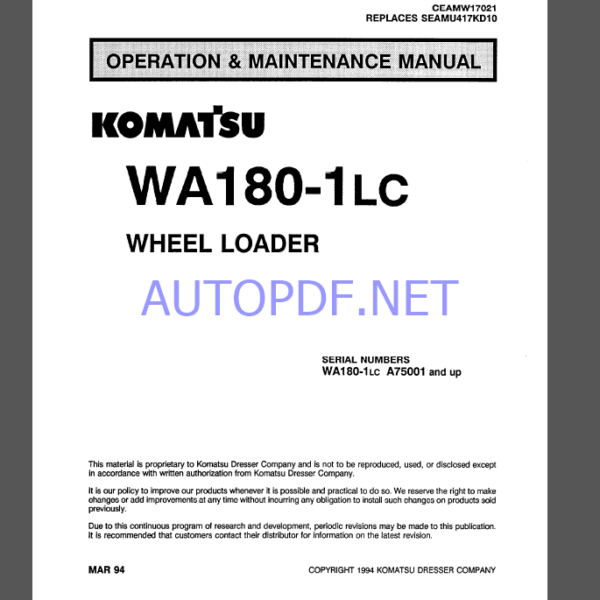 Komatsu WA180-1LC WHEEL LOADER Operation and Maintenance Manual (CEAMW17021)