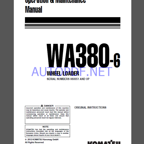 Komatsu WA500-6 WHEEL LOADER Operation and Maintenance Manual (VEAM440103)