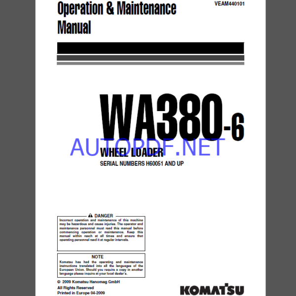 Komatsu WA380-6 WHEEL LOADER Operation and Maintenance Manual (VEAM440101)