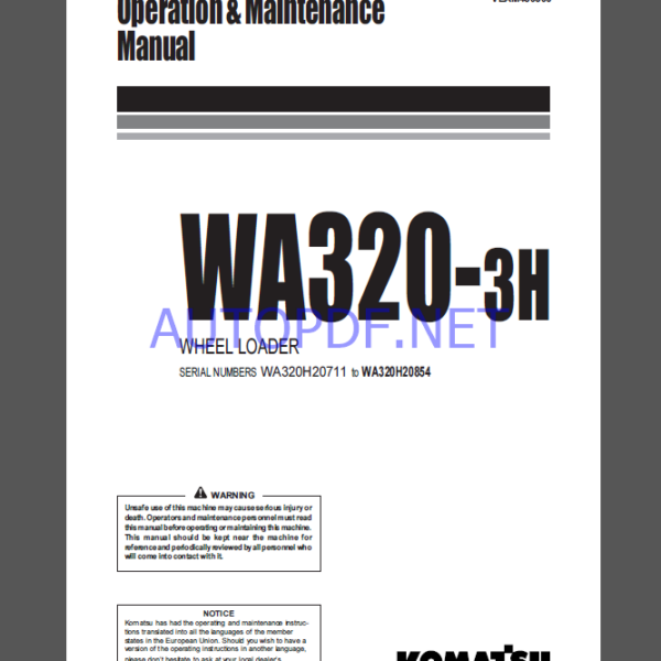 Komatsu WA320-3H WHEEL LOADER Operation and Maintenance Manual (VEAM450300)